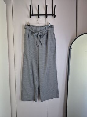 Zara Black & White Checked High-Waist Tie-Belt Wide Leg Pants